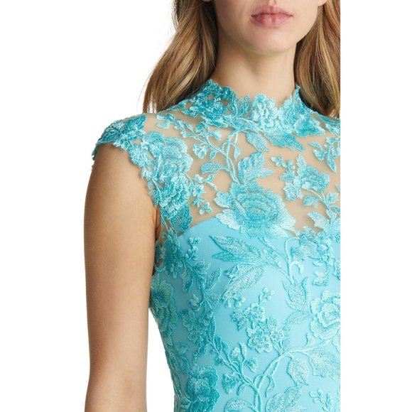 TADASHI SHOJI Embroidered Sheer Lace Mock Neck Gown Aqua 2 NEW - Picture 5 of 13